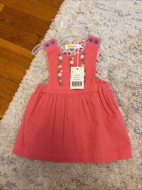 Mini Boden Pink Corduroy Pinafore Dress with Floral Embroidery